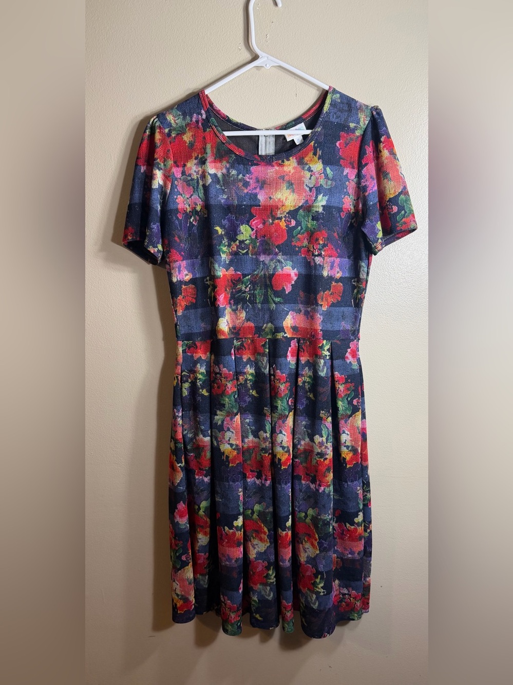 LuLaRoe Navy Dress with Red, Green, Pink & Yellow Floral Trim